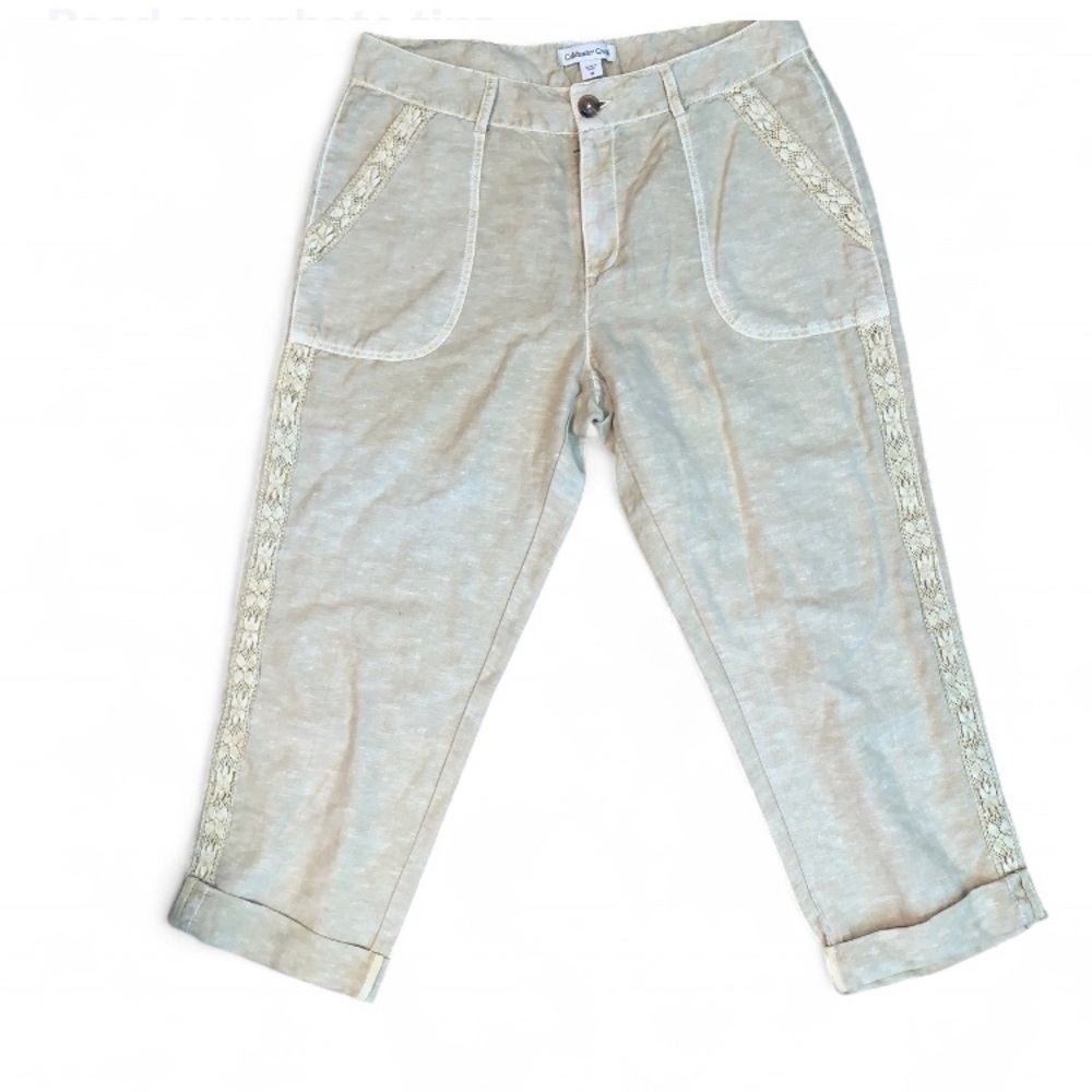 Coldwater Creek Tan khaki linen Pants with Lace Detail trim size cropped lounge